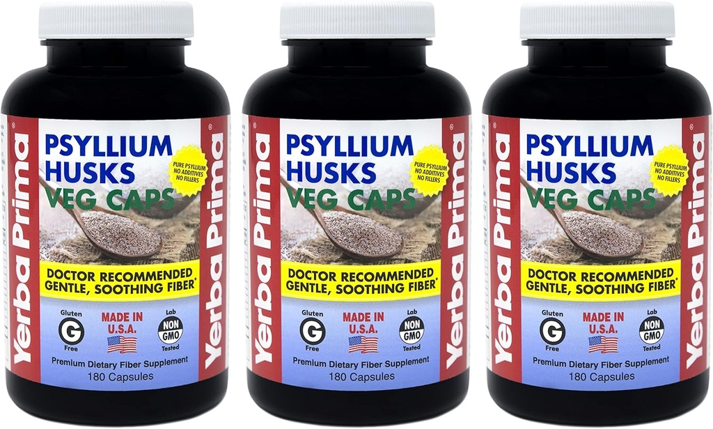 Yerba Prima Psyllium Husks Veg Caps - 180 Count (Pack of 3) - Vegan, Non- GMO, Gluten Free, Colon Cleanser, Daily Fiber Supplement for Gut Health & Regularity