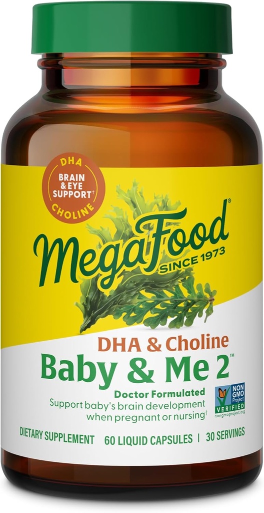 MegaFood Baby & Me 2 Prenatale Vitaminer til kvinder, DHA & Cholin Kosttilskud, Flydende DHA og Cholin til Baby 's Brain og Eye Development under graviditet, Vegan, 60 kapsler (30 Servere)