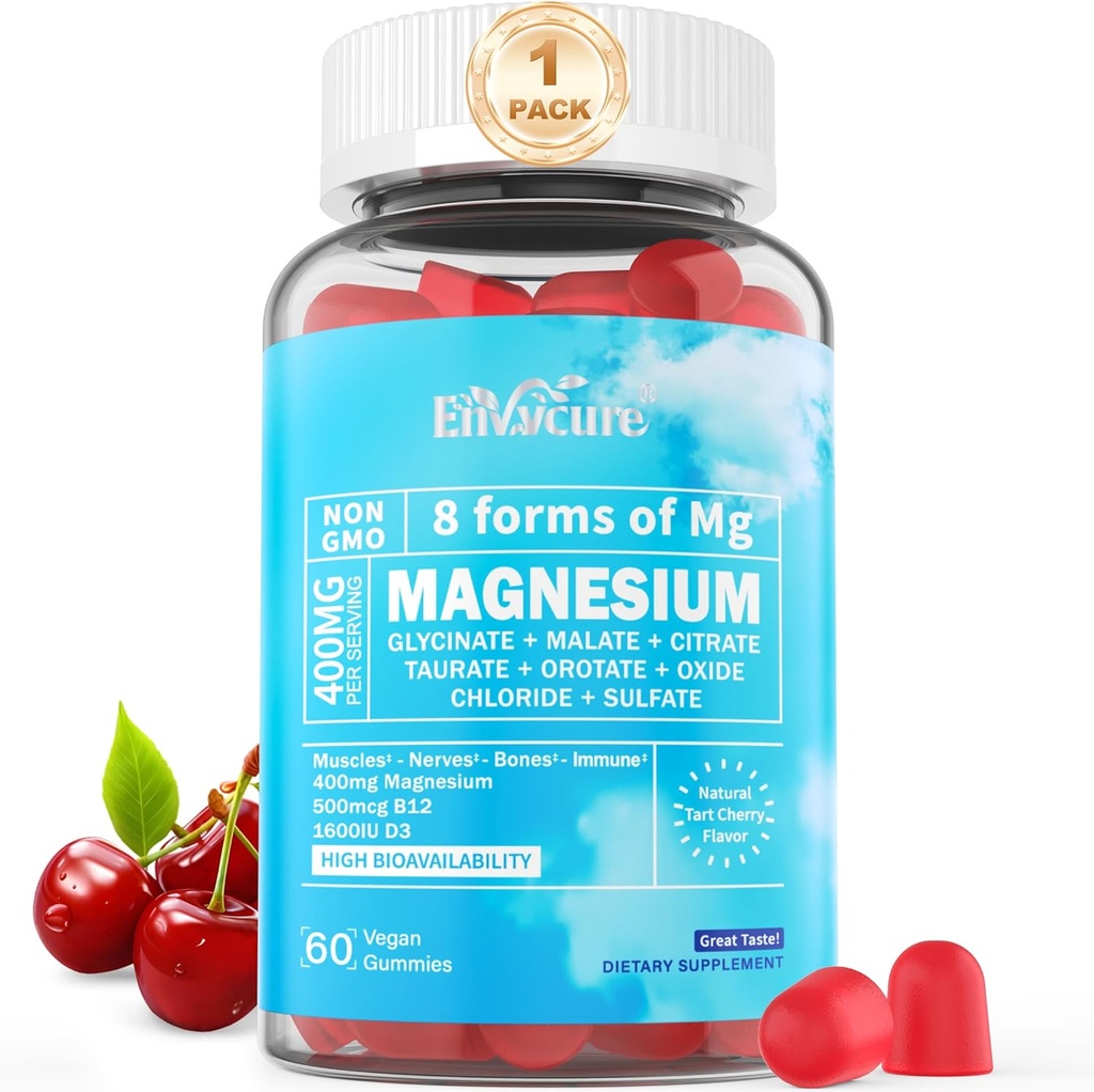 Magnesium Gummies 400mg 2-4; som 8 former af Magnesium Glycinat, Malat, Citrat, Taurat, Oxide, og mere 1-4; med Ashwagandha Extract, D3 & B12 Understøtter til rolig, Zzz, Mood, Muscle Cramp - Vegan 60 Cts