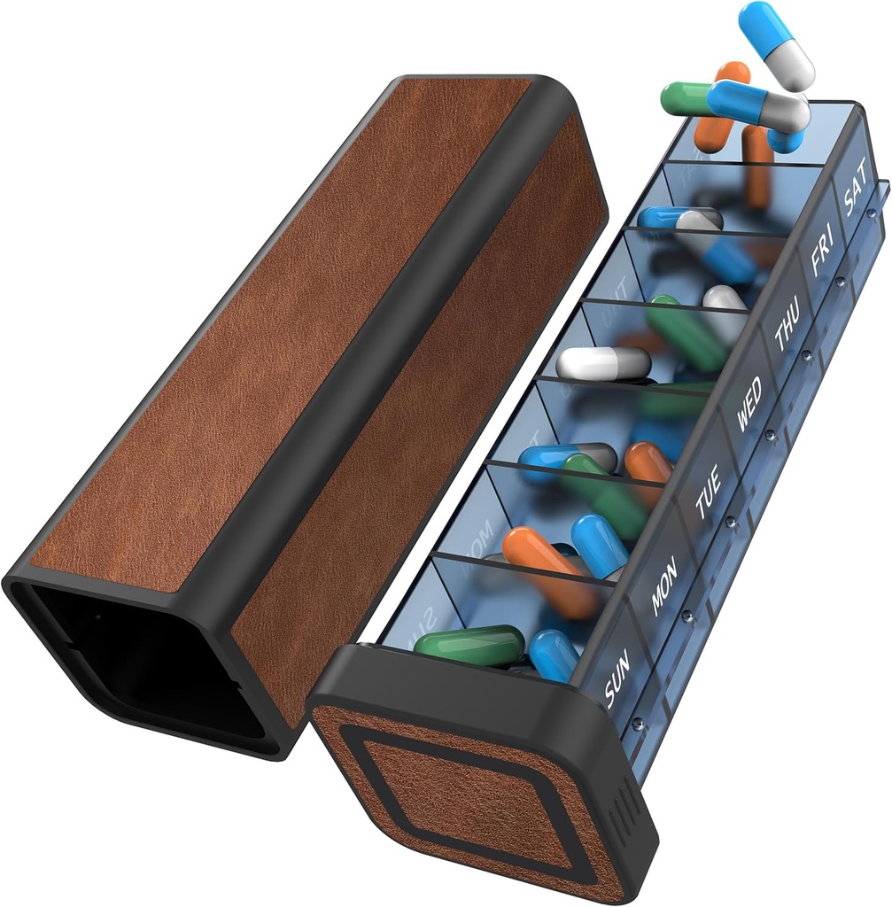 Pill Organizer 1 gang om dagen, Pill Box 7 Dag, Ugentlig rejse Pill Case, Daily Large Medication Holder Container, En gang daglig Pillbox Dispenser for Vitamin, Medicin, piller, tillæg (Brown)