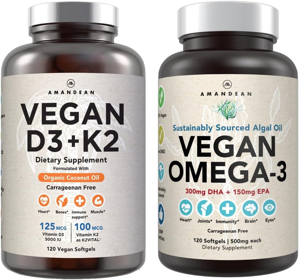 Vegan Powerhouse Combo. Omega-3 fra Algal Oil & Vitamin D3 + K2. Plant- baseret 5000 iu VIT D fra Algae. 100 mcg All- Trans MK- 7 Vita K. Carrageenan Free Veggie Softgels.