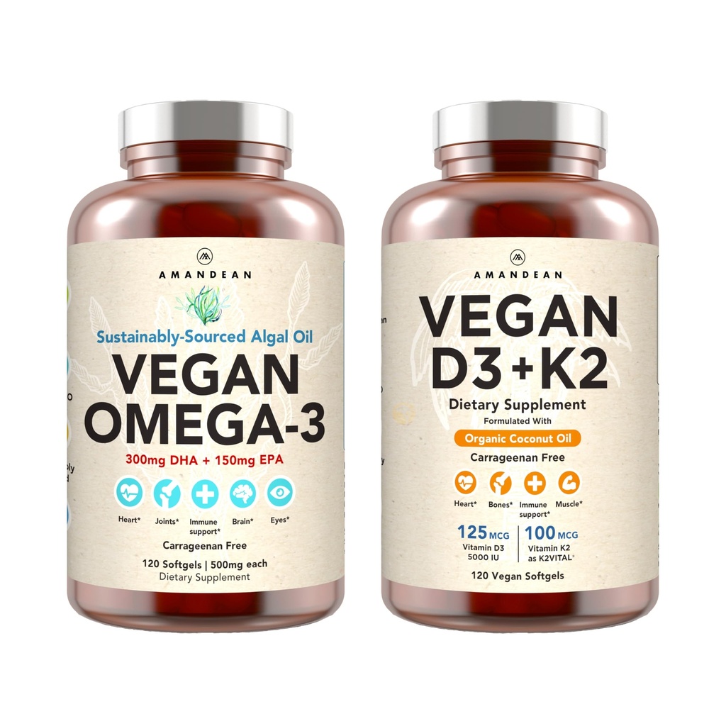 Vegan Powerhouse Combo. Omega-3 fra Algal Oil & Vitamin D3 + K2. Plant- baseret 5000 iu VIT D fra Algae. 100 mcg All- Trans MK- 7 Vita K. Carrageenan Free Veggie Softgels.