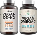Vegan Powerhouse Combo. Omega-3 fra Algal Oil & Vitamin D3 + K2. Plant- baseret 5000 iu VIT D fra Algae. 100 mcg All- Trans MK- 7 Vita K. Carrageenan Free Veggie Softgels.