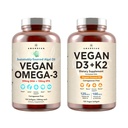 Vegan Powerhouse Combo. Omega-3 fra Algal Oil & Vitamin D3 + K2. Plant- baseret 5000 iu VIT D fra Algae. 100 mcg All- Trans MK- 7 Vita K. Carrageenan Free Veggie Softgels.