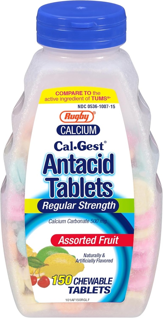 Rugby Calcium- Gest Antacida Tablets - Regelmæssig styrke - Calciumcarbonat 500 mg - Assorteret frugtsmag - 150 tyggetælling (1 pakke)