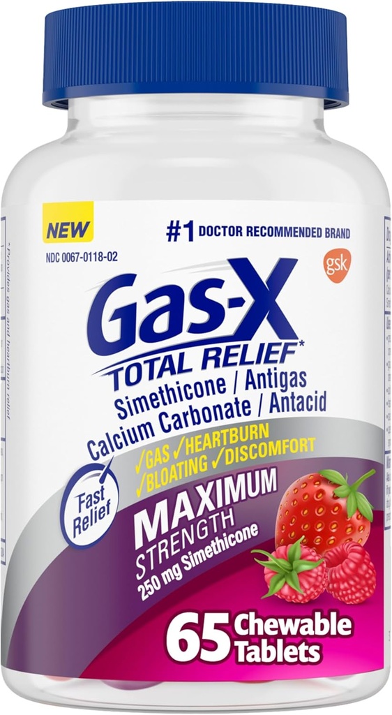 Gas- X Total Relief tyggetabletter med maksimal styrke Gas Relief Simeticon 250 mg og Heartburn Relief Calciumcarbonat 750 mg, Bloating Relief, Blandede bær - 65 Greve