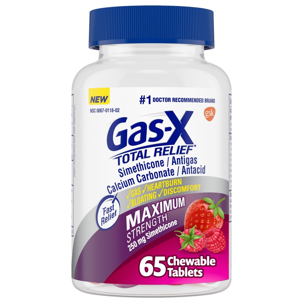 Gas- X Total Relief tyggetabletter med maksimal styrke Gas Relief Simeticon 250 mg og Heartburn Relief Calciumcarbonat 750 mg, Bloating Relief, Blandede bær - 65 Greve
