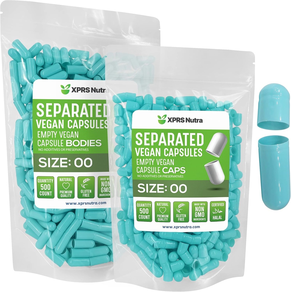 XPRS Nutra Vegan Størrelse 00 Separated Kapsler - 500 Grev Premium Tomme Kapsler Separeret i sække - 00 Piller Tom for DIY Supplement Fyldning (Aqua)
