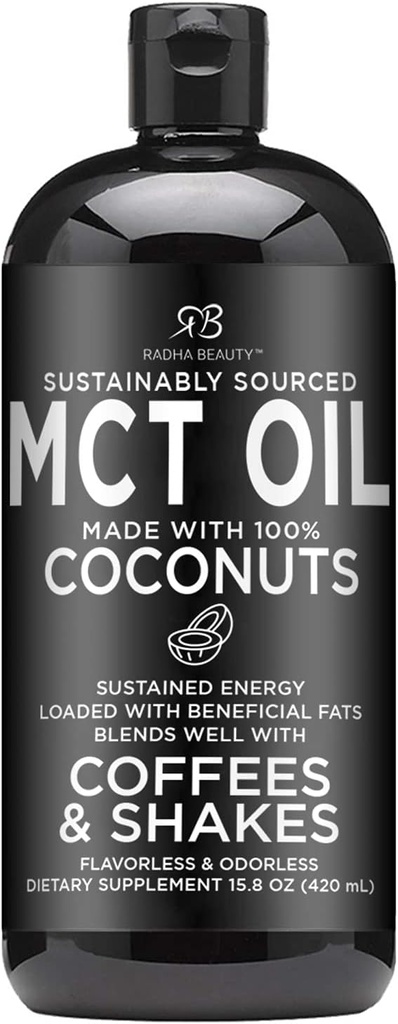 Radha Beauty Premium MCT Oil Lavet kun af non-GMO kokosnødder - 15.8oz. Keto, Paleo, Gluten Free og Vegan Godkendt.