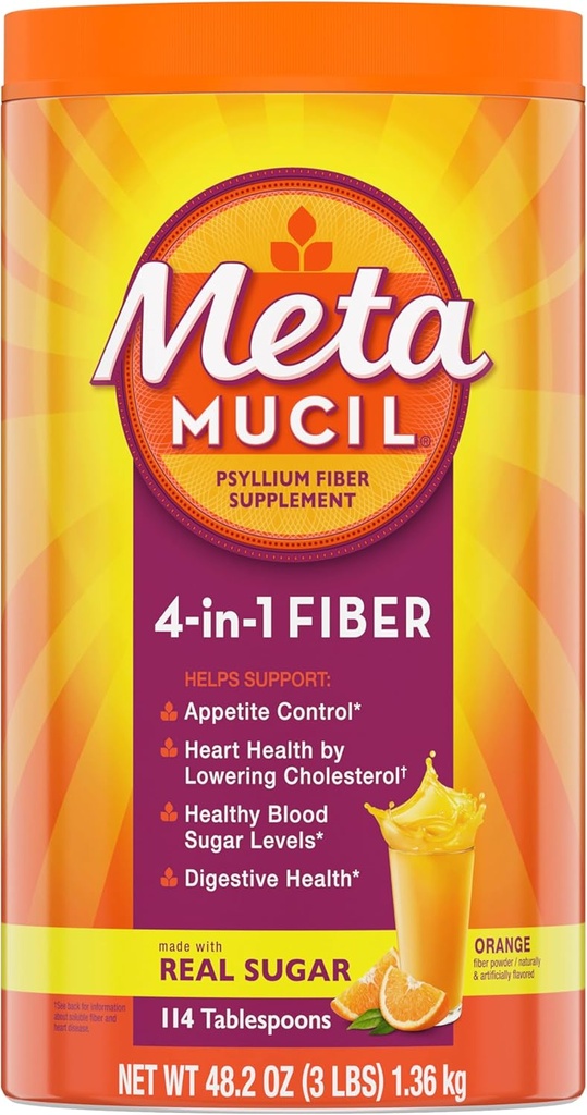Metamucil 4- in-1 Psyllium Husk Fiber Supplement, Real Sugar, 114 spiseskefulde, Orange Flavored, Daglig Fiber Pulver til fordøjelse, lavet med Plant- Based Psyllium Husk Fiber