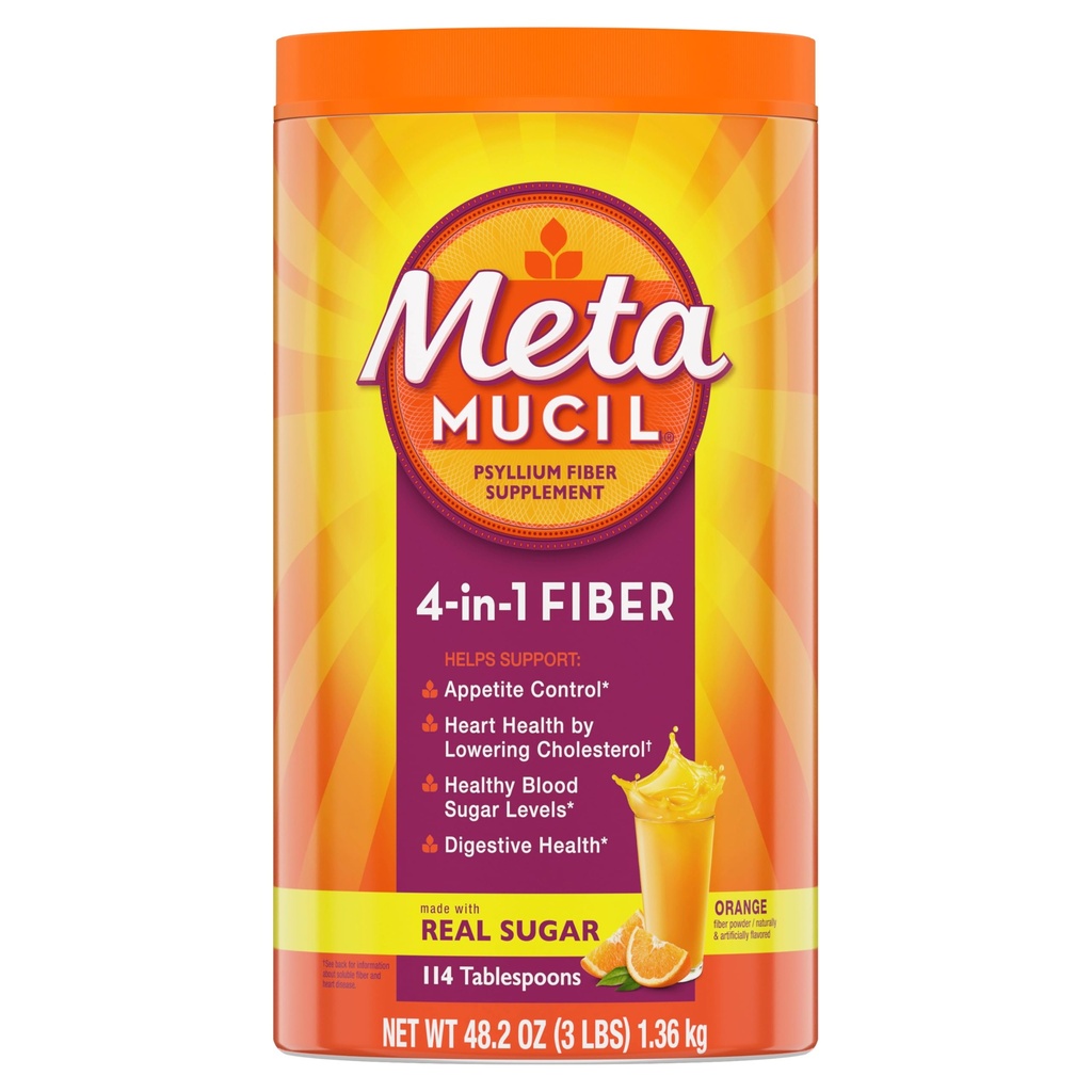 Metamucil 4- in-1 Psyllium Husk Fiber Supplement, Real Sugar, 114 spiseskefulde, Orange Flavored, Daglig Fiber Pulver til fordøjelse, lavet med Plant- Based Psyllium Husk Fiber