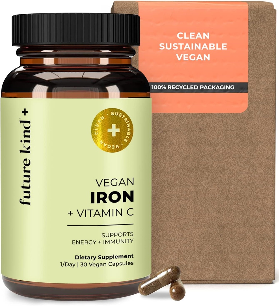 Fremtidens slags Vegansk jerntilskud til mænd og kvinder med C-vitamin for energi, fokus og immunitet - 30-dages forsyning, One Capsule a Day (30 kt i glasflaske)