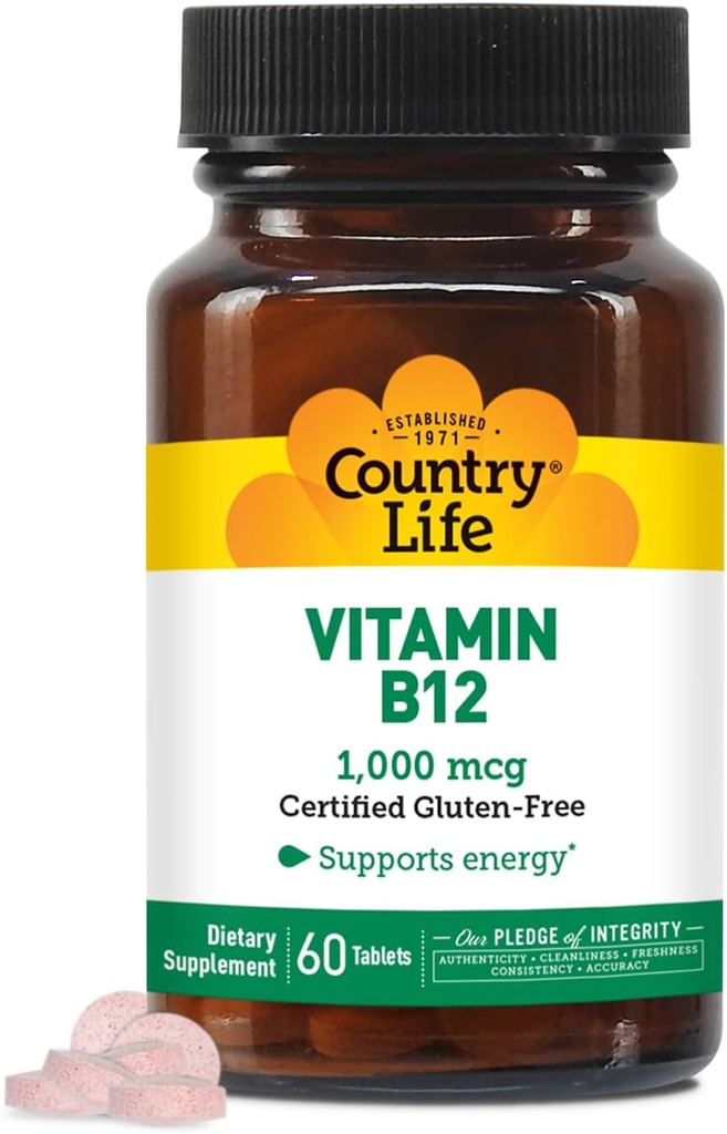 Country Life Vitamin B12 Supplement - Essential for Brain Function, Nerve Sundhed, Røde Blodceller - Ideel til Anæmi Forebyggelse - Vegan Vitamin B, 1000 mcg - Gluten- Free, 60 tabletter