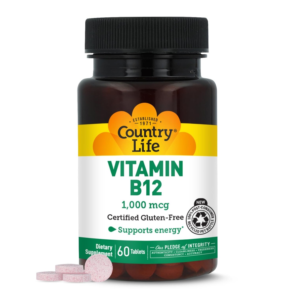 Country Life Vitamin B12 Supplement - Essential for Brain Function, Nerve Sundhed, Røde Blodceller - Ideel til Anæmi Forebyggelse - Vegan Vitamin B, 1000 mcg - Gluten- Free, 60 tabletter