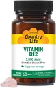 Country Life Vitamin B12 Supplement - Essential for Brain Function, Nerve Sundhed, Røde Blodceller - Ideel til Anæmi Forebyggelse - Vegan Vitamin B, 1000 mcg - Gluten- Free, 60 tabletter