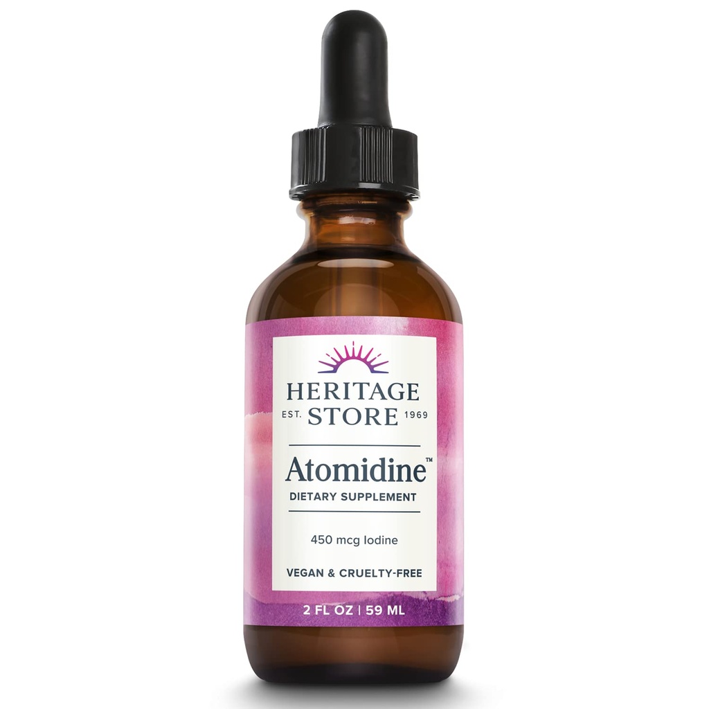 Heritage Store Atomidin 450mcg flydende jod dråber, elektrisk ladede jod supplement til sund thyreoideastøtte, * Biotilgængelig formel, Vegan & Cruelty Free, Ca. 960 Servere, 2 fl oz