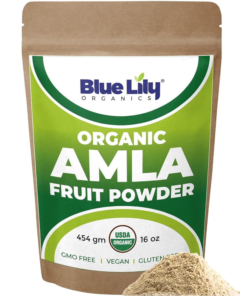Blue Lily USDA Organic Amla Powder (Amalaki / indiske Gooseberry) 16oz (1lb) Resealable Kraft Bag, 100% Pure Amla Berry Powder, Rich in Antioxidant Vitamin C, Understøtter sund immunsystem