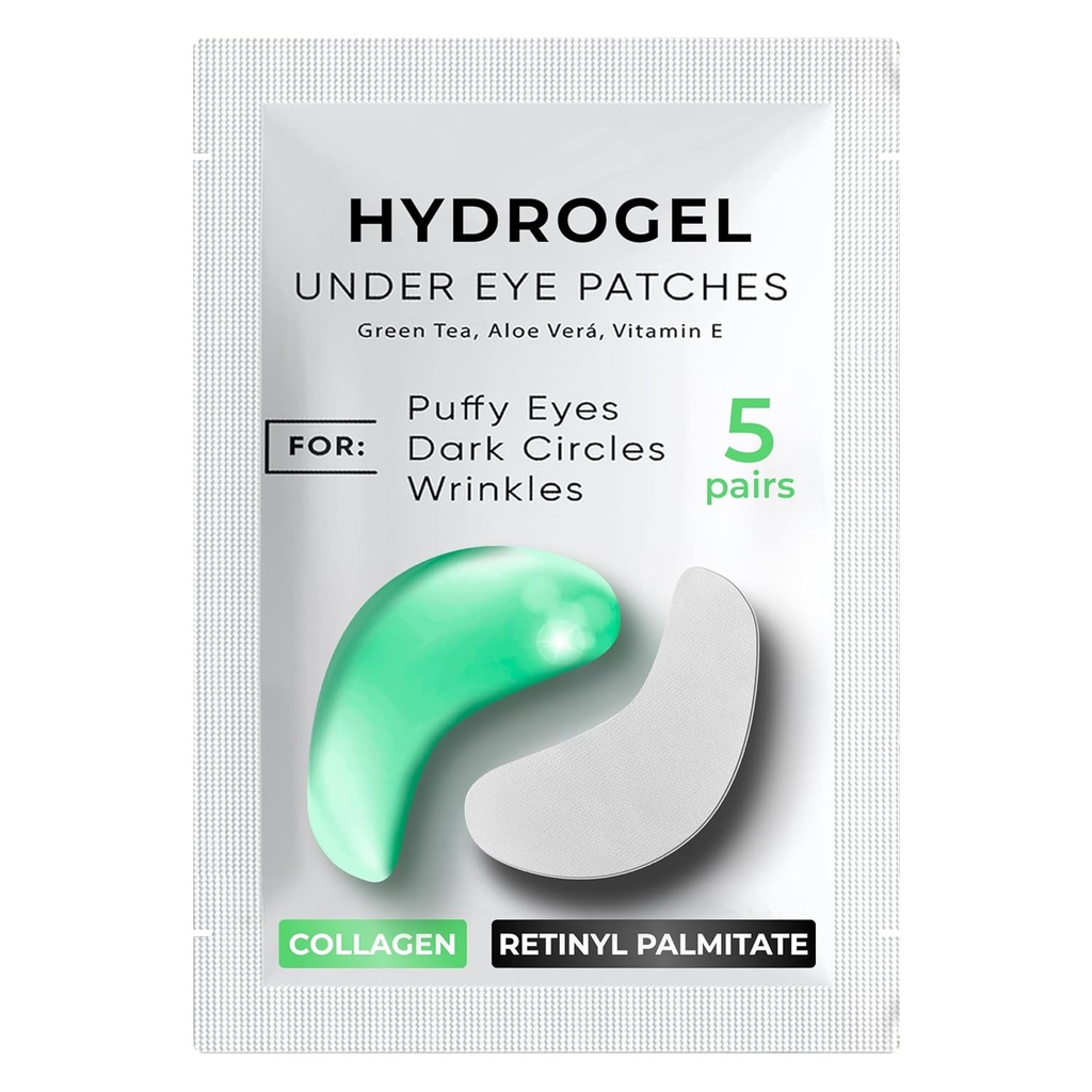 Under Eye Patches for mørke cirkler, Puffiness 5 PASSER - Mørke cirkler under øjenbehandling - Under Eye Mask Gel - Under Eye Gel Patches for Puffy Eyes - Grøn te, Collagen Eye Patches - Under Eye Pads