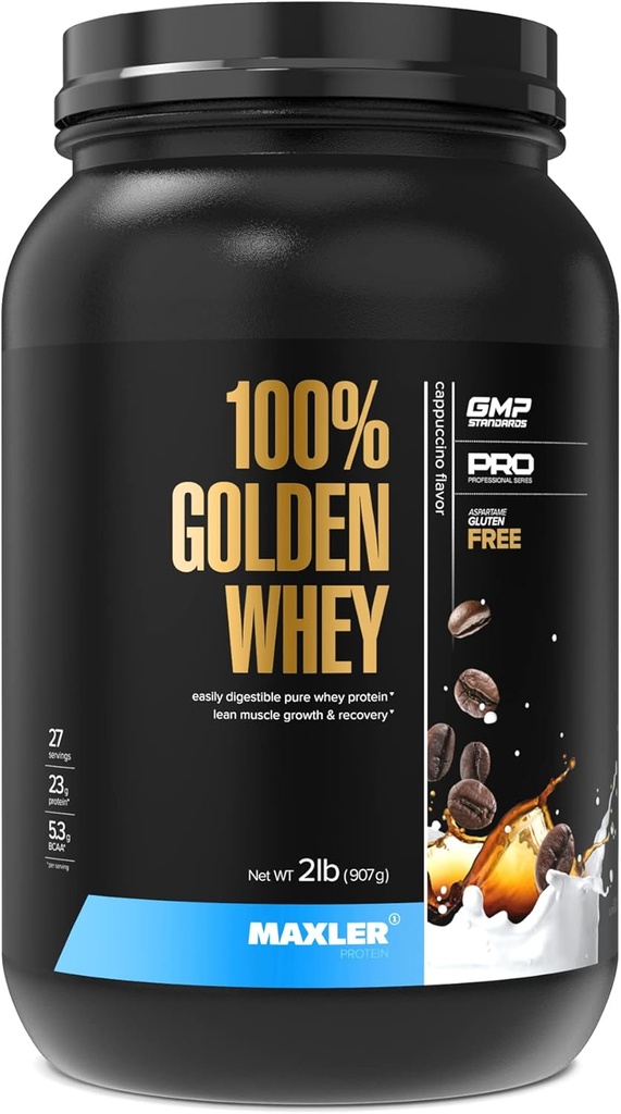 Maxler 100% Golden Whey Protein - 23g protein per servering - Premium Whey Protein Powder for Pre Post Workout - Fast- Absorbing Whey koncentrat, Isolere & Hydrolysate Blend - Cappuccino 2 LB