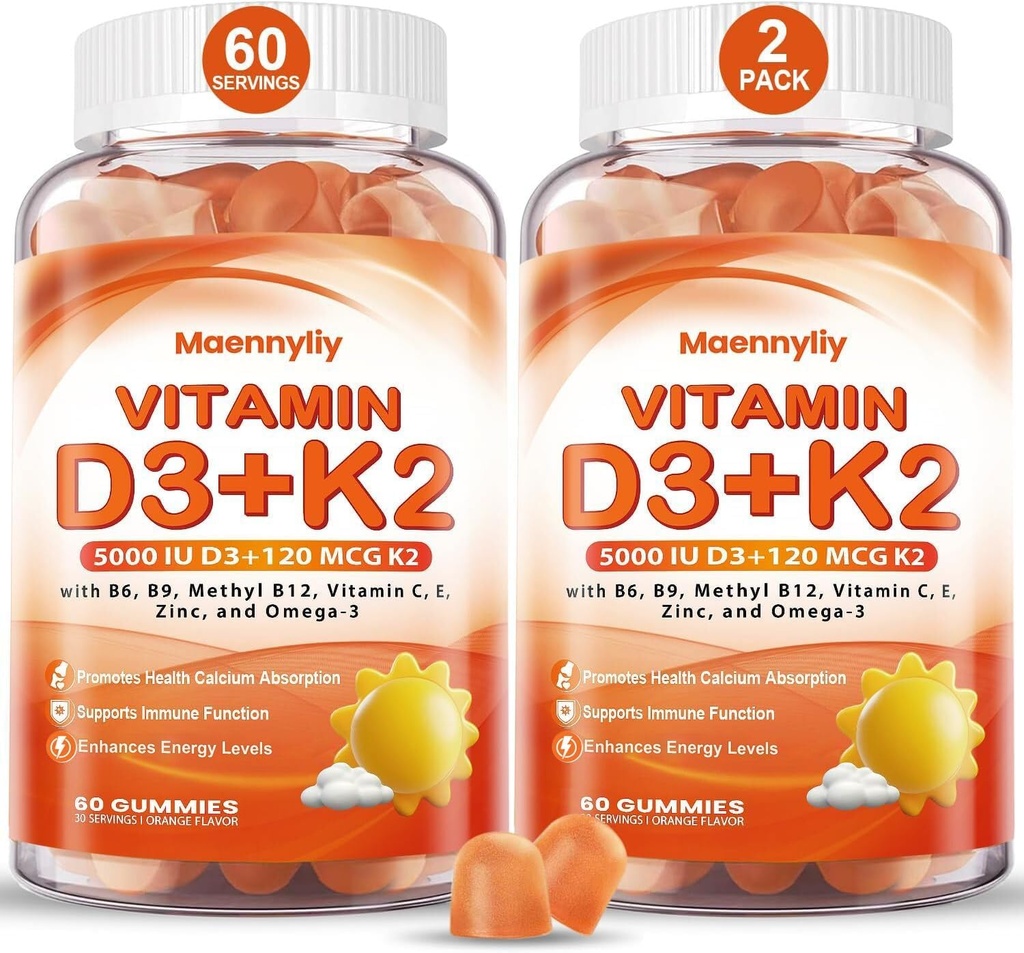 Vitamin D3 K2 Gummies til voksne - Vitamin D3 5000IE + K2 (MK- 7) 120mcg - Sukkerfri D3 og K2 Kosttilskud med Omega-3, Methyl B12, B9, B6, Vitamin E & Zink - for Calcium Absorption & immunforsvar