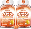 Vitamin D3 K2 Gummies til voksne - Vitamin D3 5000IE + K2 (MK- 7) 120mcg - Sukkerfri D3 og K2 Kosttilskud med Omega-3, Methyl B12, B9, B6, Vitamin E & Zink - for Calcium Absorption & immunforsvar