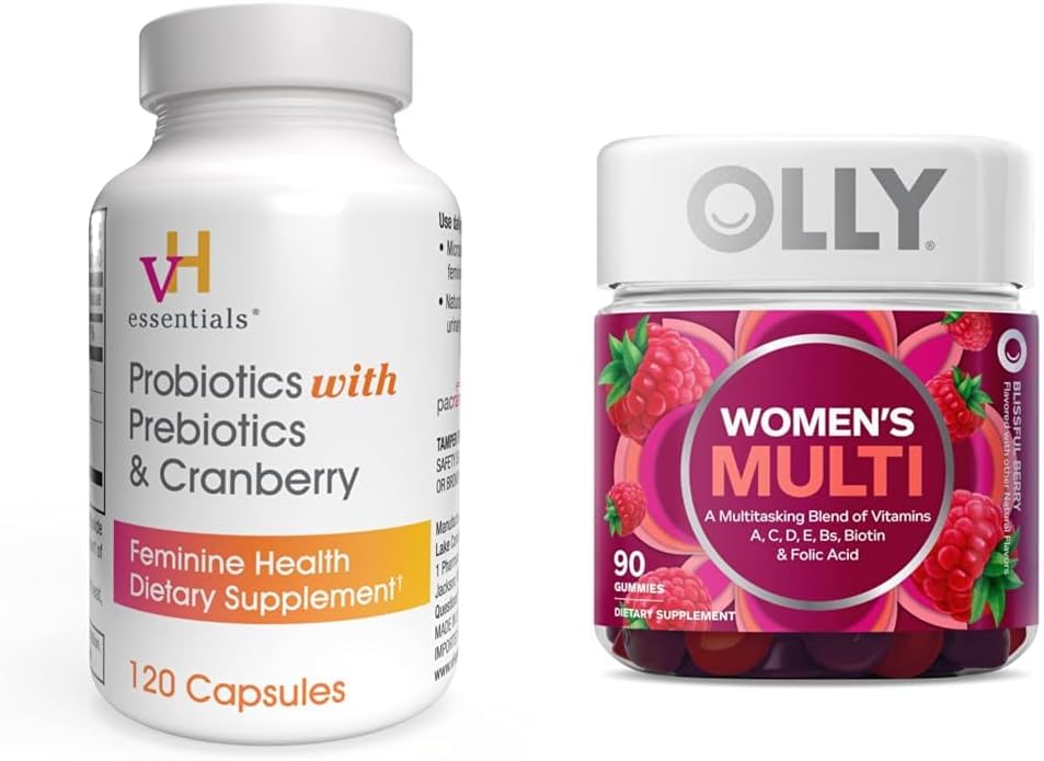 vH essentielle Probiotika med Prebiotika og Cranberry Feminin Health Supplement - 120 Kapsler og OLLY kvinders Multivitamin Gummy, Berry, 90 Count Bundle