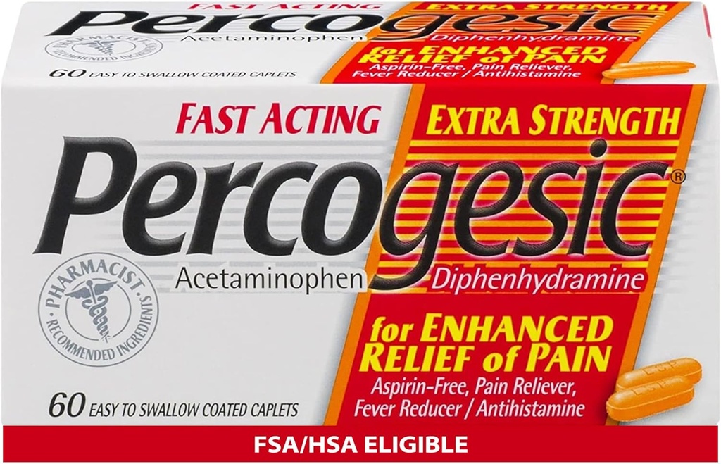 Percogesic Ekstra Styrke Acetaminophen & Diphenhydramin Smerte Relief, Fast- Fungerende Aspirin- Free Fever Reducer & Antihistamin, 60 Greve