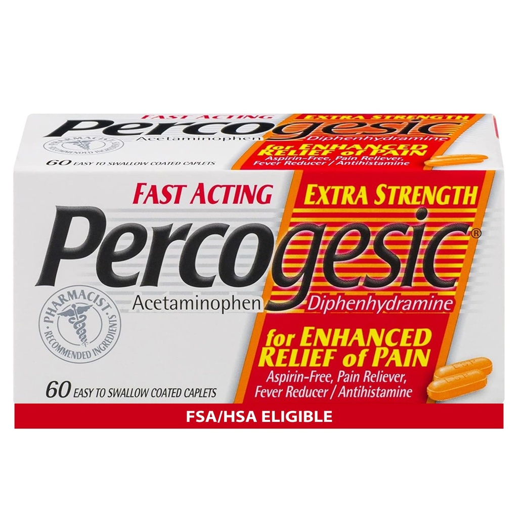 Percogesic Ekstra Styrke Acetaminophen & Diphenhydramin Smerte Relief, Fast- Fungerende Aspirin- Free Fever Reducer & Antihistamin, 60 Greve
