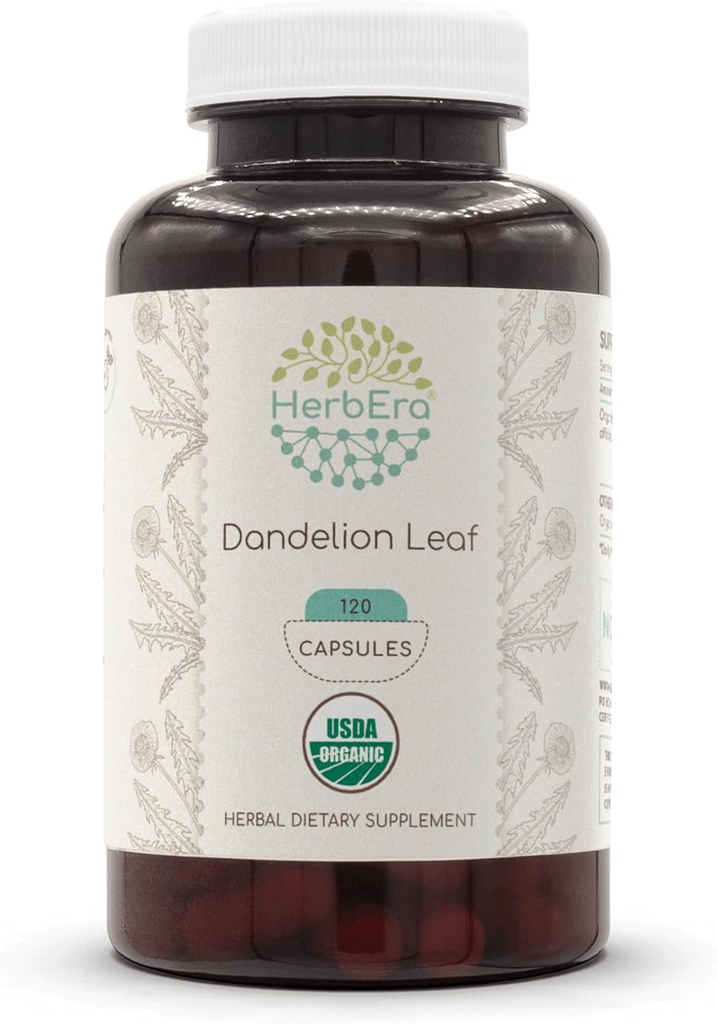 HerbEra Mælkebøtte Leaf 120 Kapsler, 500 mg, USDA Organic Mælkebøtte (Taraxacum Officinale) Tørret Leaf (120 Kapsler)