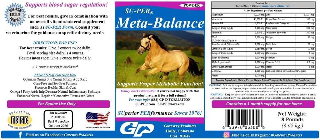 SU- PER Meta- Balance Horse Metabolic Support - Blood Sugar Regulering & fordøjelsessygdomme supplement - Horse Vitaminer og mineraler, Urteudtræk, Probiotika - 8 Pund, 1 Måned Supply