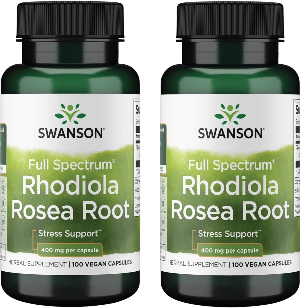 Swanson Rhodiola Rosea Root - Adaptogen Herb supplement Fremme Mood Balance & Stress Support - Natural Formel for Energy Support - (100 kapsler, 400mg Hver) (2 Pack)