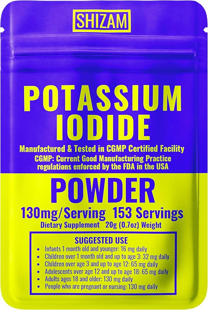 SHIZAM Kaliumdiode 130 mg 65 mg Pulver Survival Kit, KI Jod Capsule Kapsler Flydende tinktur Piller Tablet Tablets Tabs Alt Supplement Kosttilskud, prepping Supplies 130mg 65mg