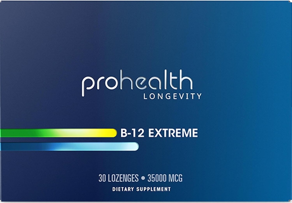 ProHealth Vitamin B 12 Extreme- 35,000 mcg Mega dosis, 7 X Styrke (30 Sublinguale opløselige tabletter) Ekstra styrke, B 12 Vitamin, Methylcobalamin, Dibencozid, Cyanocobalamin, Hydroxocobalamin