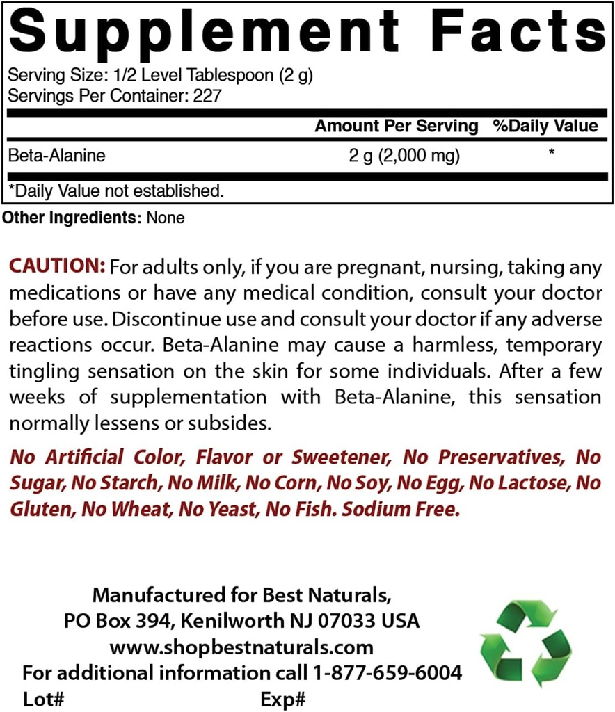 Bedste Naturals Beta alanin pulver 1 Pund & Magnesiumchlorid 520 mg