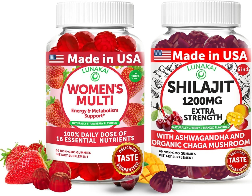 Lunakai USA Made Womens Multivitamin & Shilajit Gummies Bundle - Energi, Immun & Vitality Support - Naturlig smag - 60 Non- GMO Gummies Hver
