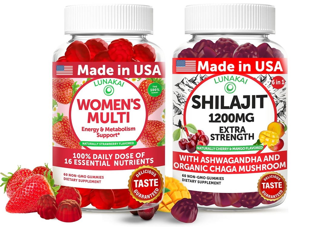 Lunakai USA Made Womens Multivitamin & Shilajit Gummies Bundle - Energi, Immun & Vitality Support - Naturlig smag - 60 Non- GMO Gummies Hver