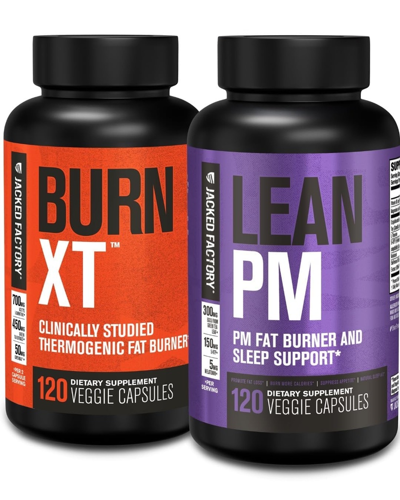 Jacked Factory Burn XT Thermogen Fat Burner & Lean PM Nighttime Weight Loss Supplement for mænd & kvinder 120 Veggie Diet Pills