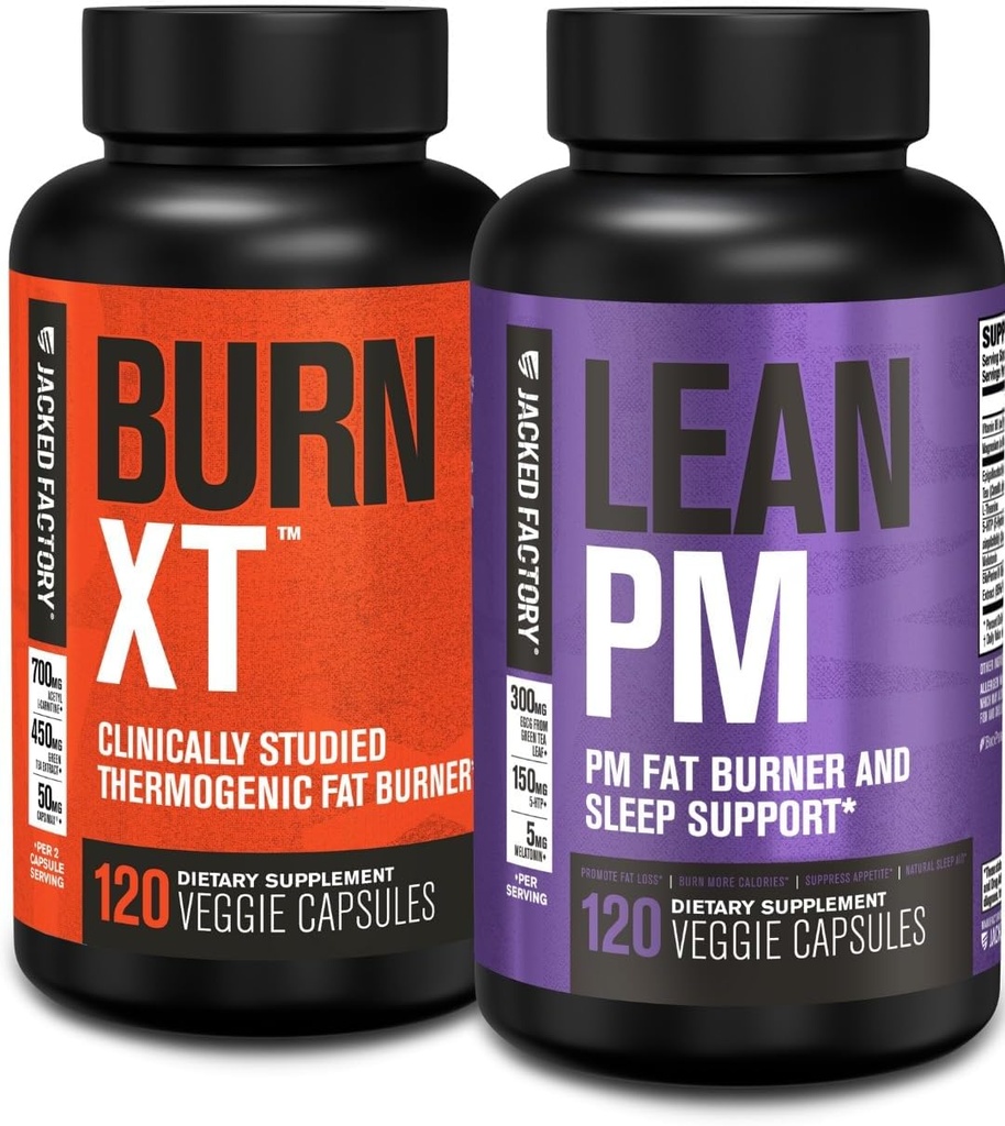 Jacked Factory Burn XT Thermogen Fat Burner & Lean PM Nighttime Weight Loss Supplement for mænd & kvinder 120 Veggie Diet Pills