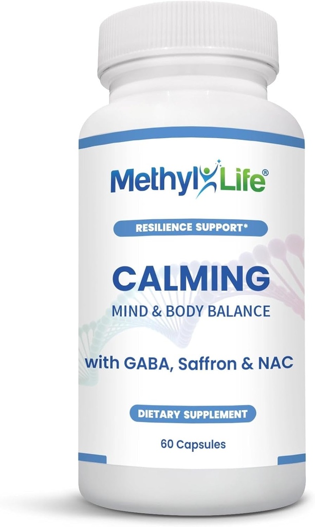 Methyl- Life ® Calming Supplement med GABA & Saffron - Kapsler til daglig balance & relaxation - Vegan, Non- GMO, Gluten & Top 14 Allergen Gratis Kapsler 124; 60 Kapsler