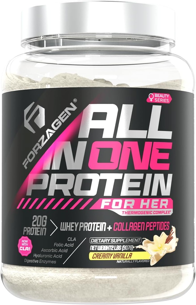 Forzagen All in One Protein for her 124; Women 's Protein Powder with Multi Collagen Peptider Dex124; Hydrolyzed Collagen Supplement, Gut Health, Great for Pre & Post Workout; Vanilla, 30 + Tjenester