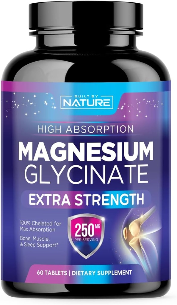 Magnesium Glycinat 250 mg - Høj Absorption Chelated Magnesium Supplement - 100% Pure Magnesium Glycinat - Stress, søvn, hjerte, og muskel sundhed support - non-GMO, Vegan, Gluten- fri (60 tabletter)