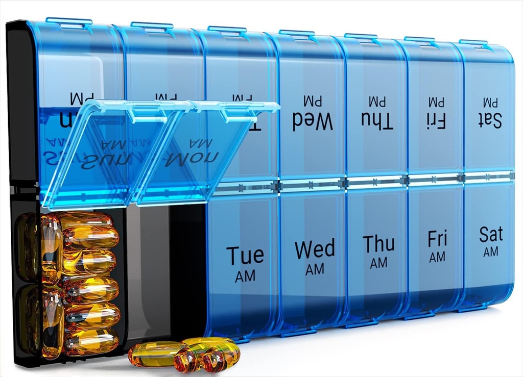 Ekstra Stor Pill Organizer 2 gange om dagen, Ugentlig XL PM Pill Case, 7 dages Pill Box to gange om dagen, Overdimensioneret Daglig Medicin Organizer for Vitaminer (blå)