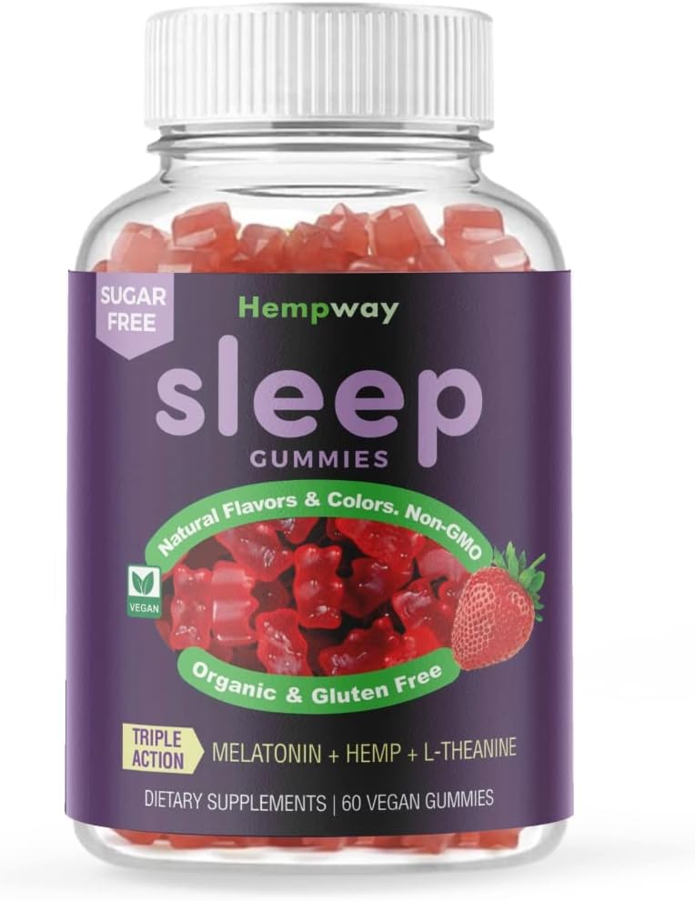 Hamp gummier til søvn l theanin supplement Hamp melatonin Triple Action - Rolig gummier til voksne og melatonin børn - Sukker Free Strawberry Vegan 60 ct
