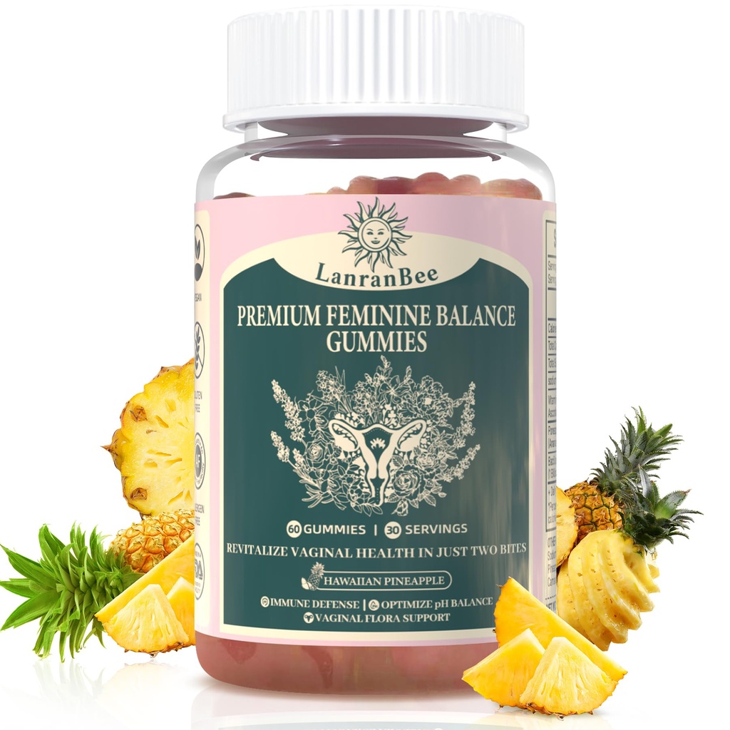 Premium Feminin Balance Gummies Vaginal Probiotic - for kvinders pH Balanceret Sundhed & Wellness - immunforsvar - Vegan, Gluten- Free & Halal - Hawaii Ananas - 60 Gummies - 30 Servere (1)