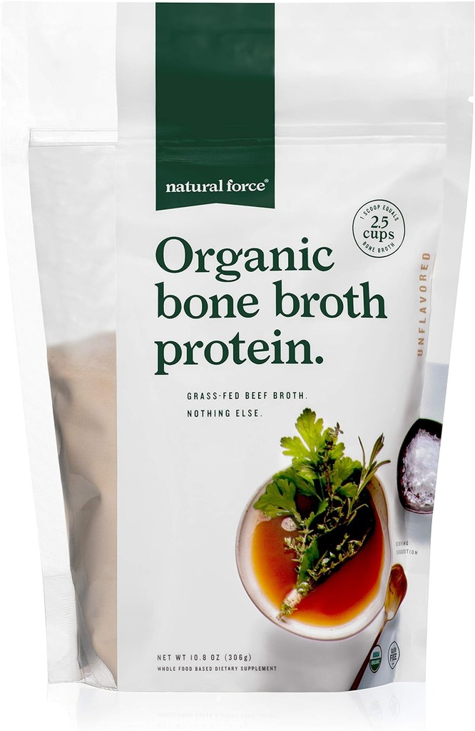 Natural Force - Pure Organic Bone Broth Protein Powder, Grass- Fed & Keto Certified, Type I, II & III Collagen, Unflavored, Perfekt til suppe & madlavning, 10.8 oz