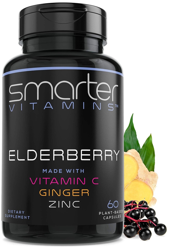 Smarter Elderberry Kapsler + C-vitamin + Ginger & Zink, Urtetilskud, kraftfuld Black Elder Berry Extract Antioxidant Vitamin, 60 Vegan piller