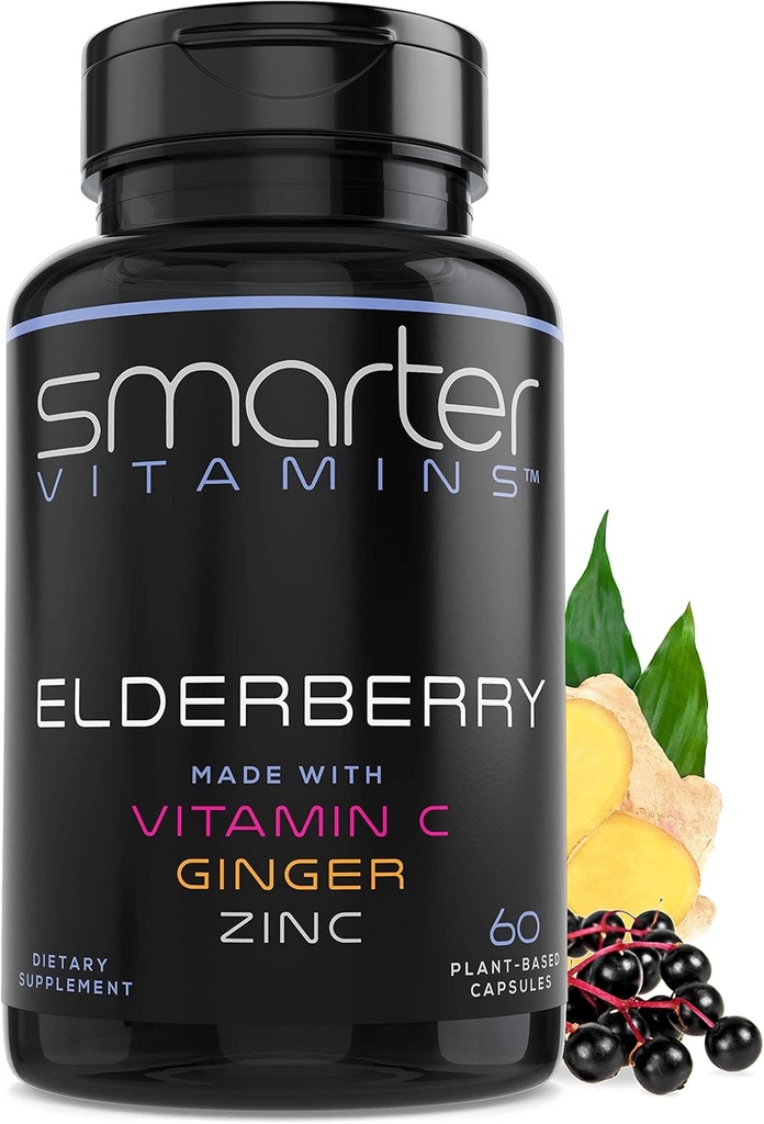 Smarter Elderberry Kapsler + C-vitamin + Ginger & Zink, Urtetilskud, kraftfuld Black Elder Berry Extract Antioxidant Vitamin, 60 Vegan piller