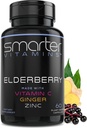 Smarter Elderberry Kapsler + C-vitamin + Ginger & Zink, Urtetilskud, kraftfuld Black Elder Berry Extract Antioxidant Vitamin, 60 Vegan piller