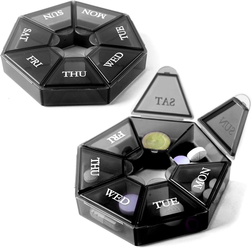 Deke Home - Lille Ugentlig Pill Organizer (2 Pack), Round Pill Dispenser til Rejser, Mini Pill Organizer, Compact Medicine Holder, Pill Sorters 7 dage, Bærbar Vitamin Container, BPA Free (Food Grade)