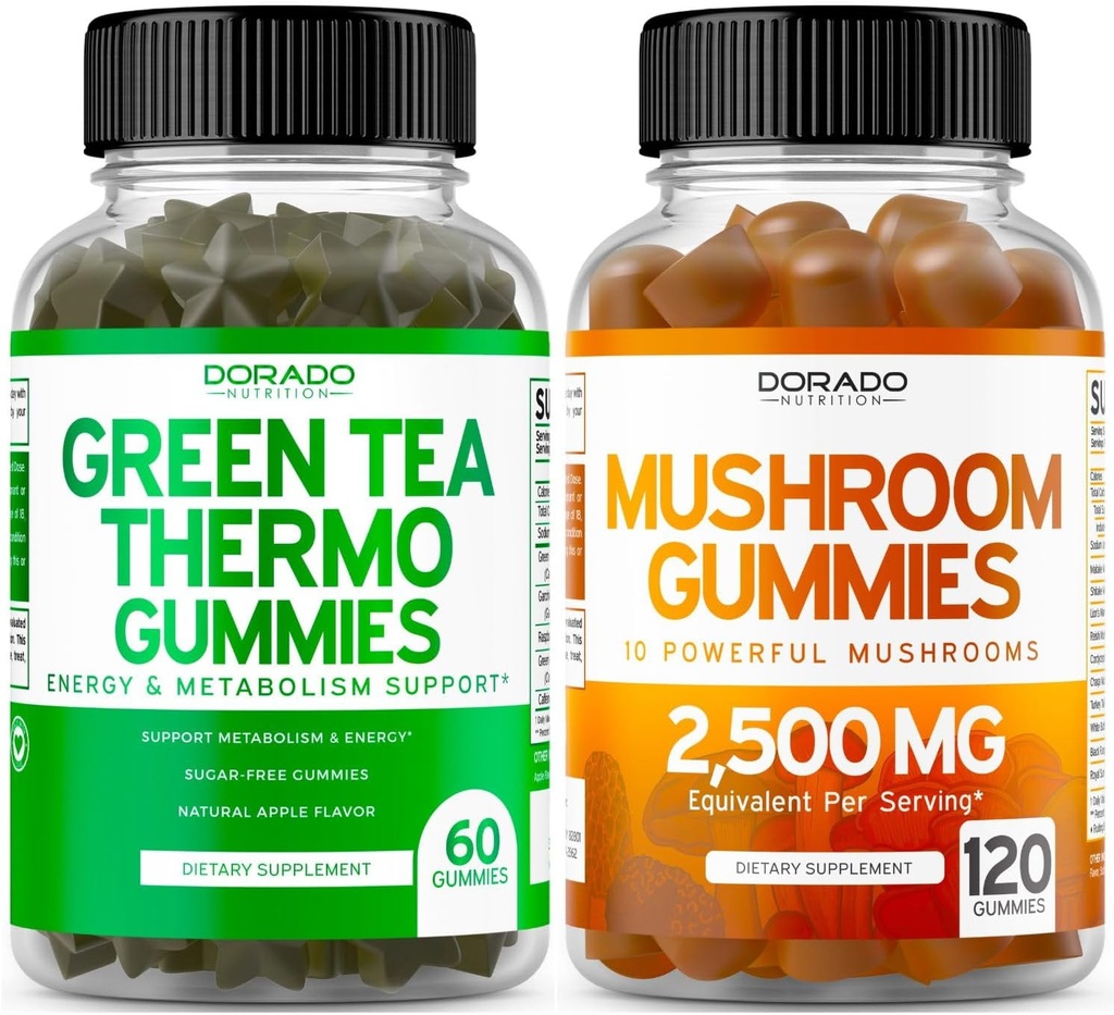 Mushroom 10 i 1 Blend (120 Gummies) Focus & Brain Mushroom Supplement og Green Tea Fat Burner Vægttab (60 Greve) Appetite Suppressant Vægttab Supplement for mænd og kvinder - Vegansk & Made i USA